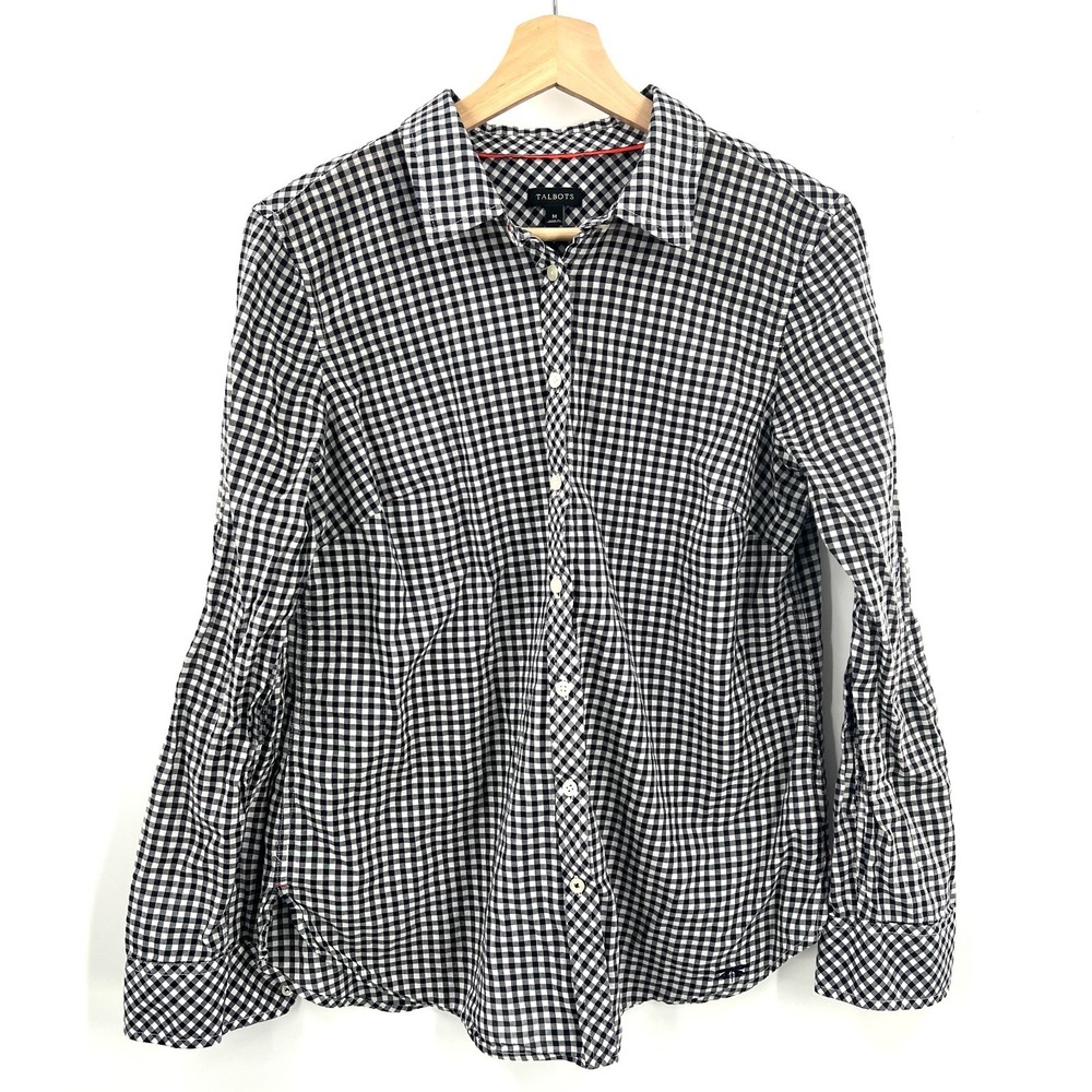 Talbots classic lightweight navy white gingham checkered long sleeve top‎ M